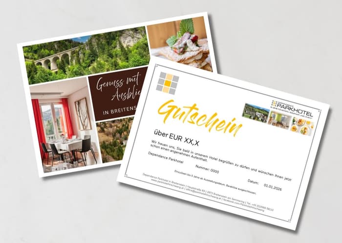 Gutschein des Dependance Parkhotel Breitenstein mit Rückseite: Naturlandschaft, Zimmer, Speisen und Slogan „Genuss mit Ausblick".